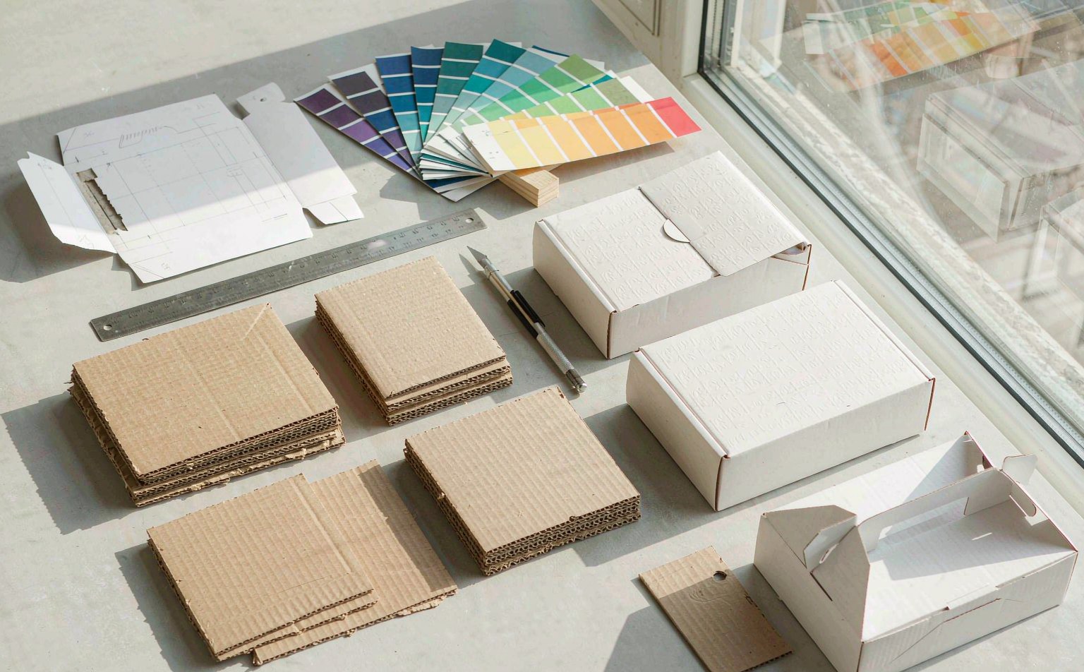 Die-line blanks, corrugated samples, color swatch fans and structural prototypes on a work table